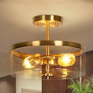 Modern Gold Kitchen Ceiling Light, 2-Light Transitional Round Semi-Flush Mount Ceiling Light with Seeded Glass Shade