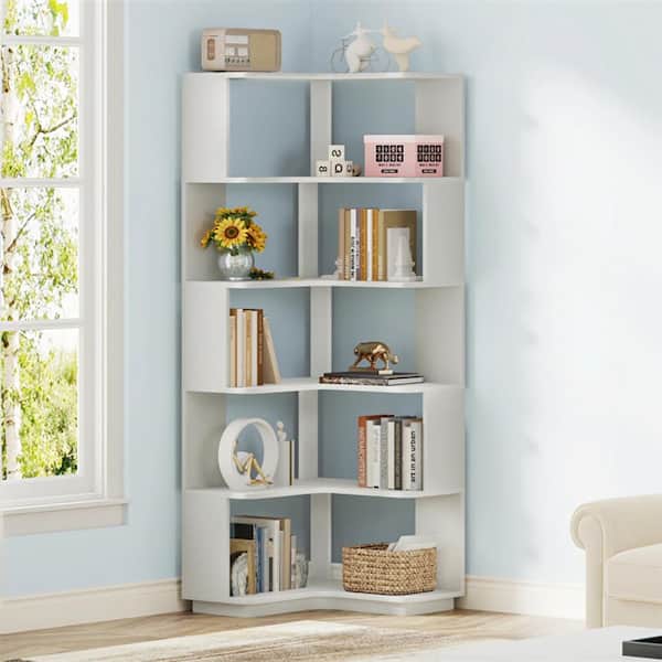 TRIBESIGNS WAY TO ORIGIN Jannelly 65 in. Tall Light Gray Engineered Wood 6-Shelf Corner Standard Bookcase Bookshelf with Anti-Drop Panel