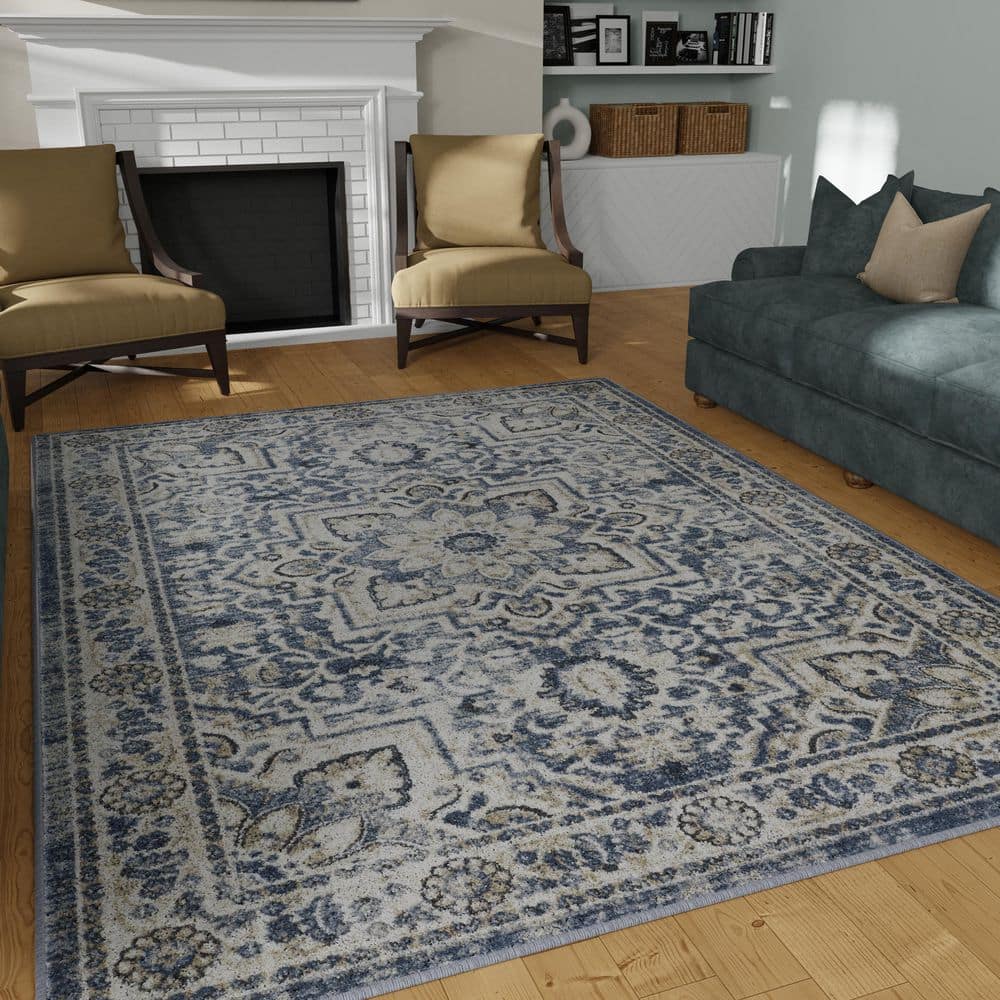 Elegant Blue Oriental-Inspired 8' x 10' Synthetic Area Rug