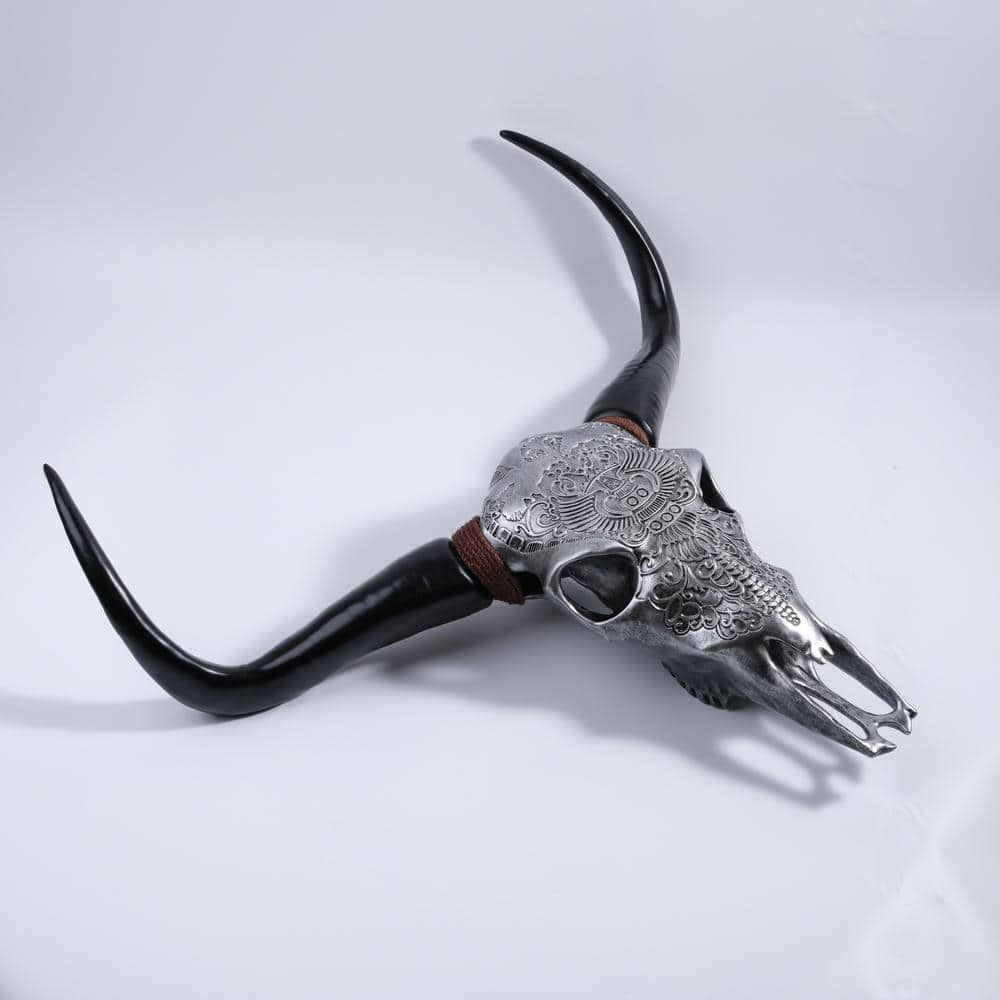 7.09 in. x 24.61 in. Antique Silver Resin Bull Head
