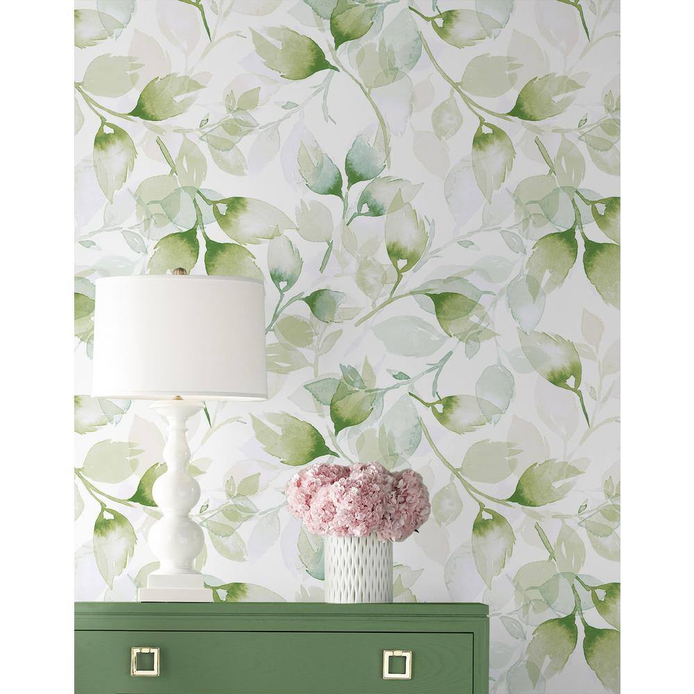 Green Ivy Watercolor Tossed Leaves Peel and Stick Vinyl Wallpaper