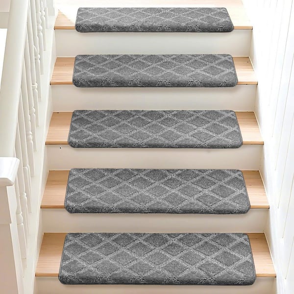 Bullnose Gray Diamond Trellis 9.5 in. x 30 in. x 1.2 in. Polypropylene Carpet Stair Tread Cover Indoor Rug Mat Set of 12