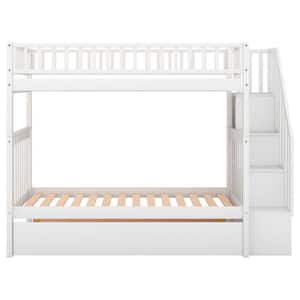 Quency White Twin Over Twin Bunk Bed with Trundle, Staircase and Storage