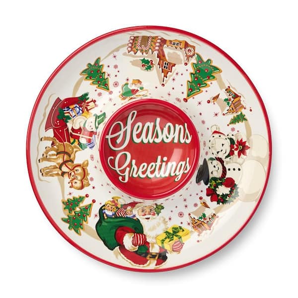 Santa's Retro Christmas 13.75 in. Assorted Colors Ceramic Chip & Dip Server