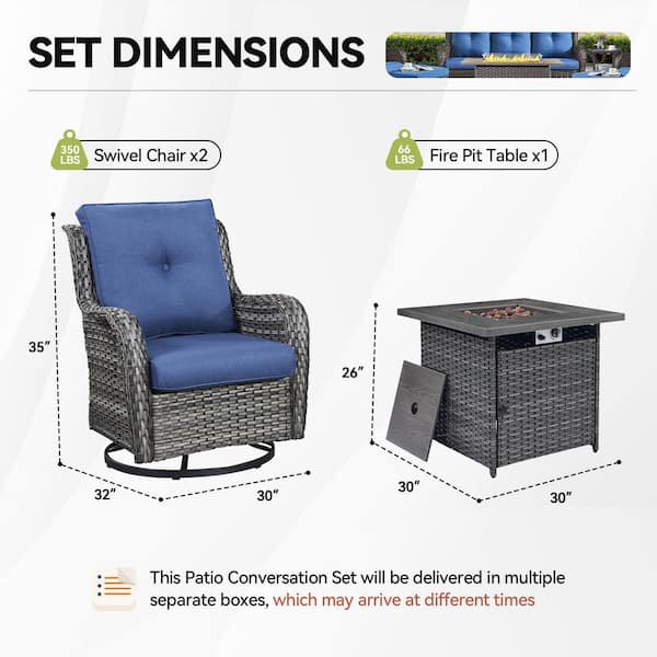 3-Piece Gray Wicker Outdoor Dining Set with Olefin Blue Cushions Fire Pit Sets with Swivel Gliders for Patio