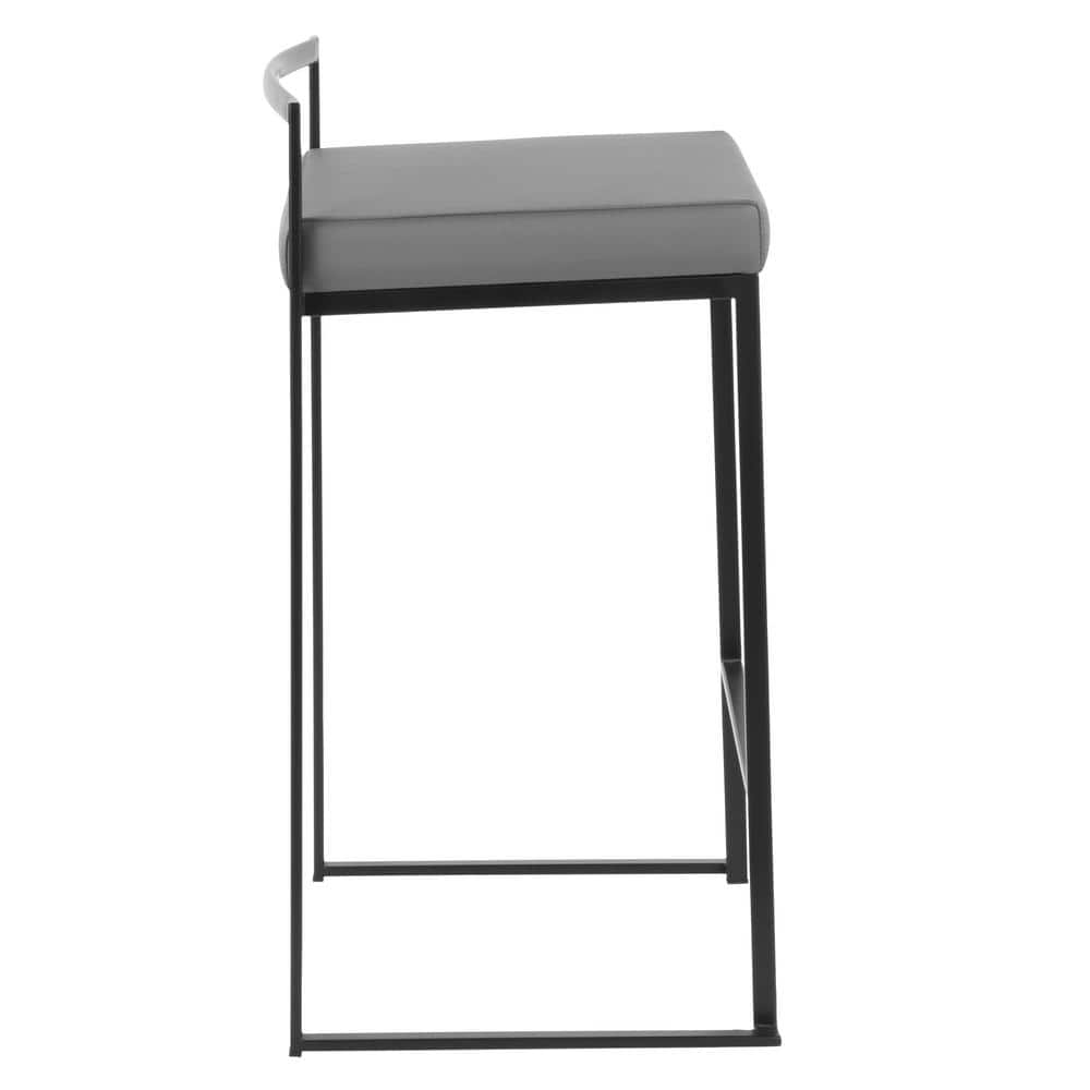 Black Metal and Wood Counter Stool with Grey Faux Leather Cushion