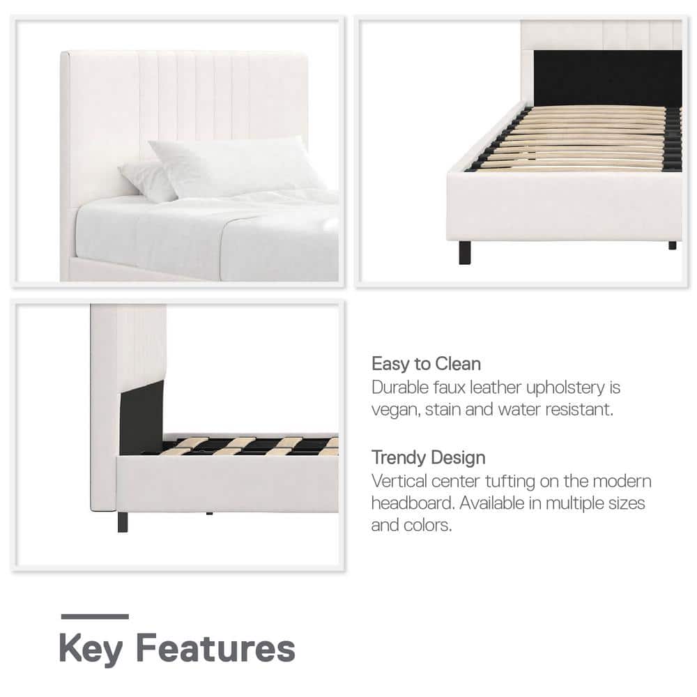 Twin White Faux Leather Upholstered Bed with Tufted Headboard
