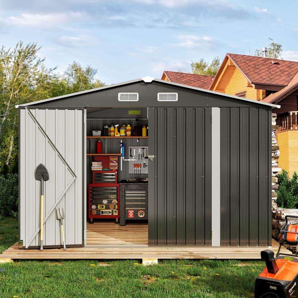 Sizzim 9 ft. W x 7.5 ft. D Black Metal Storage Shed with Lockable Door and  Vents for Tool, Garden, Bike (67 sq. ft.) SM-G37038BK - The Home Depot