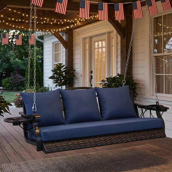 3-Person Brown Wicker and Metal Porch Swing with Blue Cushions