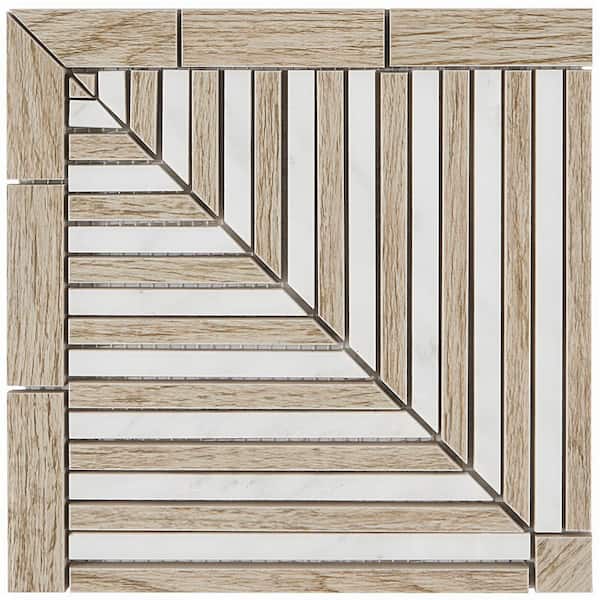 Florey Linear Corner Asian Statuary and Wooden Beige 7.87 in. x 7.87 in. Polished Marble Mosaic Tile (0.43 sq. ft./Each)