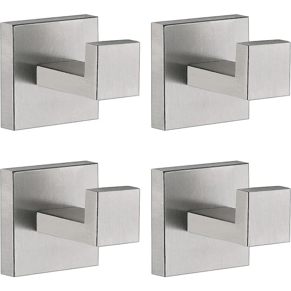 PRIMEPLUS 4-Piece Stainless Steel J-Hook Robe/Towel Hook with Square Mount Post in Brushed Nickel