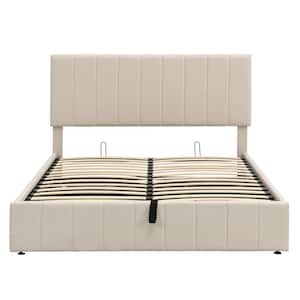 Beige Queen Upholstered Platform Bed With Gas Lift up Storage, Wooden Platform Bed Frame with Hydraulic Storage System