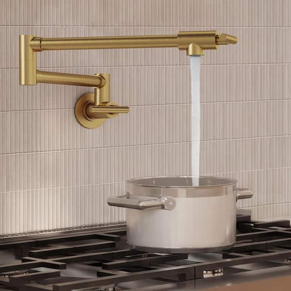 25.25 in. Extended Reach Wall Mount Pot Filler Kitchen Faucet 2-Handle with Dual Swivel Arms in Brushed Gold
