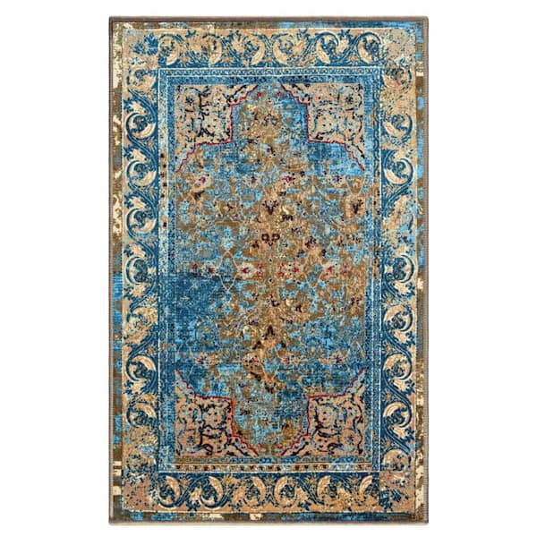 Angeles Beige 6 ft. x 9 ft. Non-Slip Floral Mediterranean Nylon Area Rug