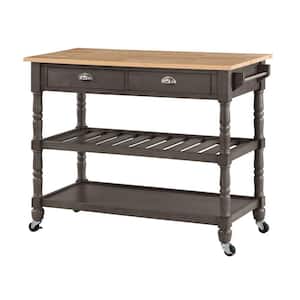 French Country Wire Brush Dark Gray/Butcher Block Kitchen Cart with 3-Tiers and Drawers