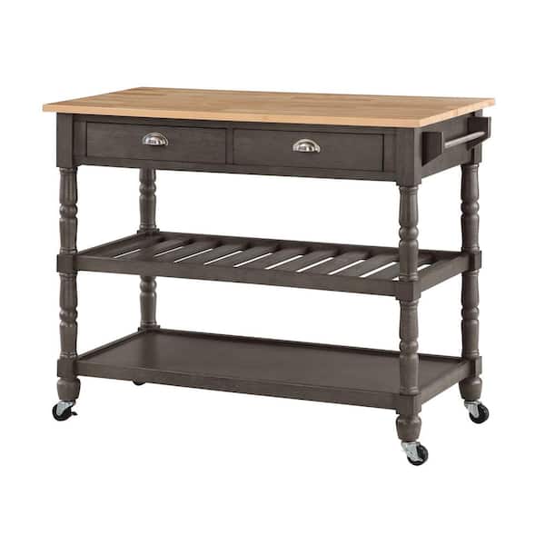 French Country Wire Brush Dark Gray/Butcher Block Kitchen Cart with 3-Tiers and Drawers