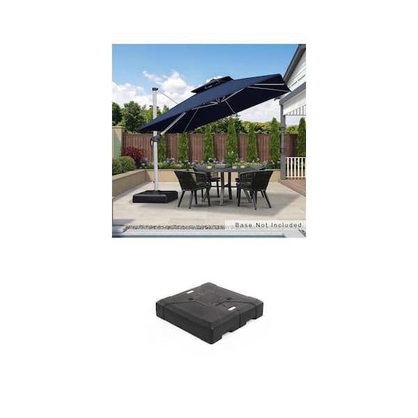 10 ft. Square Double-Top Navy Blue Cantilever Umbrella and 220 lbs. Black Patio Umbrella Base
