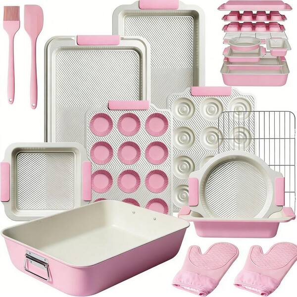 25-Piece Pink Stackable Baking Pans Set, Non-stick Bakeware Sets with Silicone Handles, 450°F Oven Safe Cookie Sheets