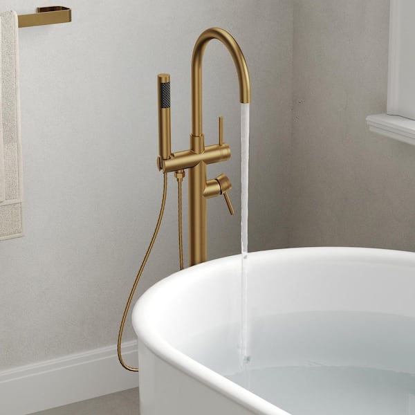 Single-Handle Freestanding Tub Faucet Claw Foot Tub Faucet Floor Mounted with Handheld Hand Shower in Brushed Gold