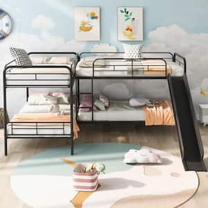 Black Quad Bunk Bed with Slide, Metal Twin Over Twin L-Shaped Bunk Bed Frame for 4, Twin Size Bunk Bed with Ladders