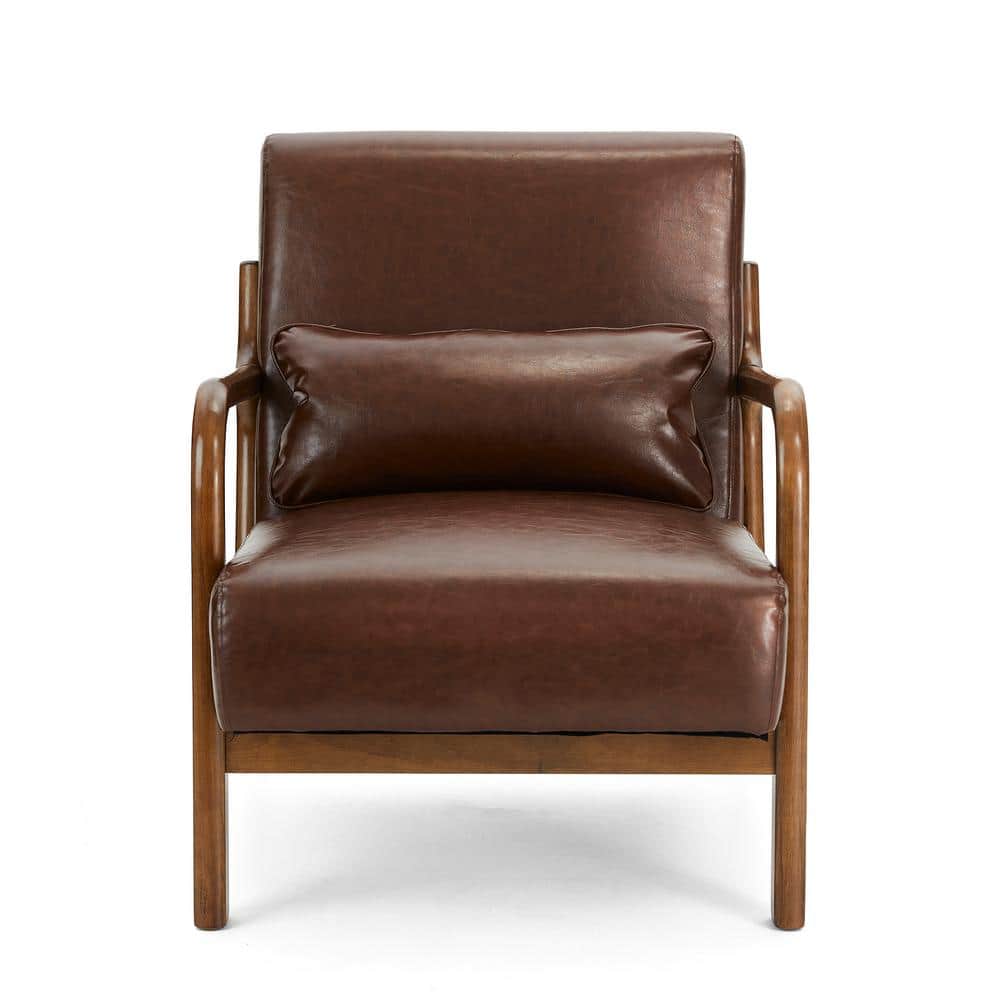 Mid-Century Modern Coffee Brown Faux Leather Accent Chair with Walnut Wood Frame