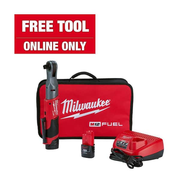 Milwaukee M12 FUEL 12V Lithium-Ion Brushless Cordless 1/2 in. Ratchet Kit W/ (2) 2.0Ah Batteries, Charger & Tool Bag