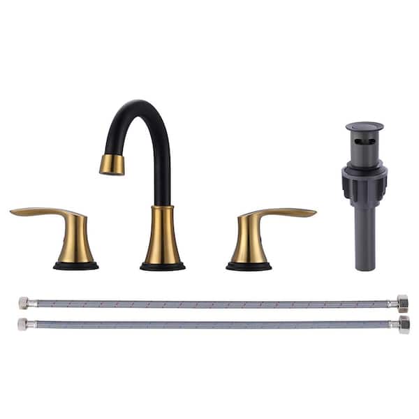 AVITAS 8 in. 2-Handle 3 Holes Widespread Bathroom Faucet with Metal Pop-Up Drain Assembly in Black and Gold