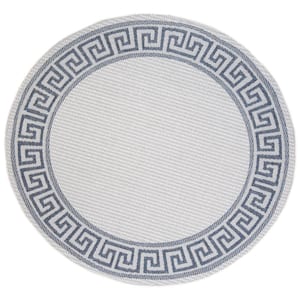 Bermuda Ivory/Blue 5 ft. x 5 ft. Round Machine Washable Border Striped Indoor/Outdoor Area Rug
