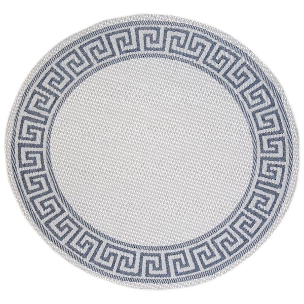 SAFAVIEH Bermuda Ivory/Blue 5 ft. x 5 ft. Round Machine Washable Border Striped Indoor/Outdoor Area Rug
