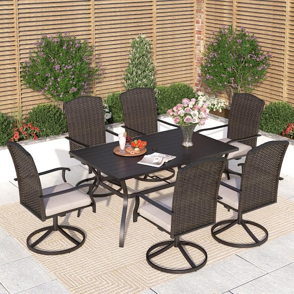 PHI VILLA Black 7-Piece Metal Patio Outdoor Dining Set with Slat Table and Rattan Chairs with Beige Cushion