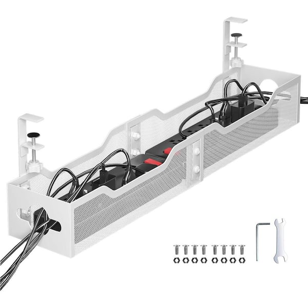 24.8 in Modern Metal Under Desk Cable Management Tray Elegant Cord Organizer with Clamp Mount and Anti-Scratch Pad White
