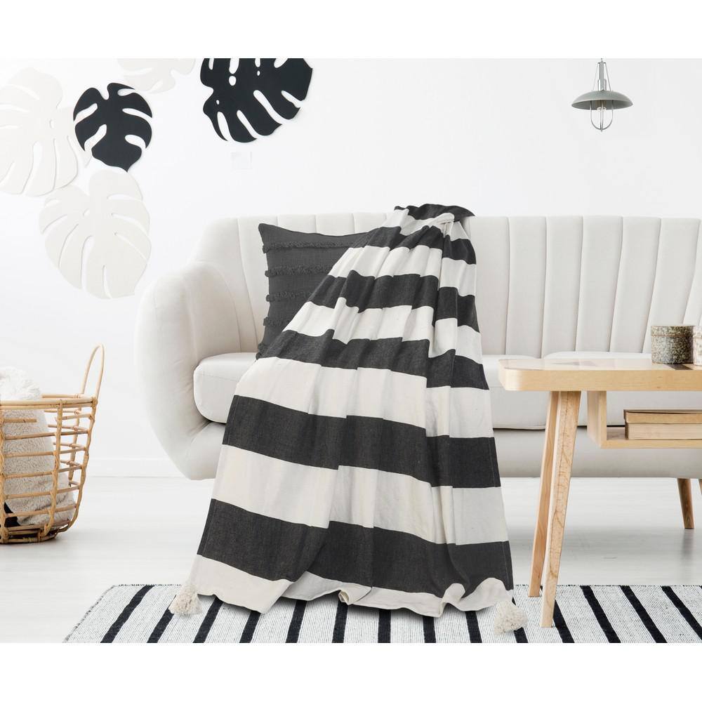 Charcoal and Ivory Striped Cotton Tasseled Throw Blanket