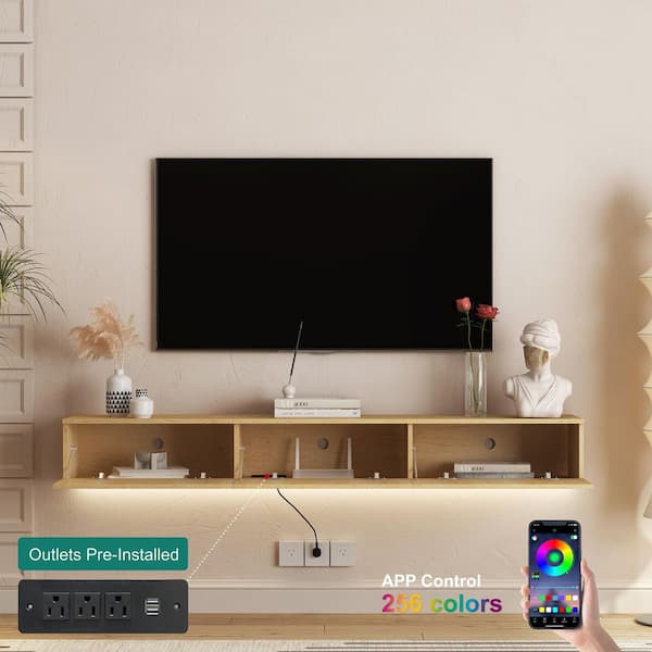 69 in. W x 11.8 in. D Nature MDF Wood Floating TV Stand Shelves Decorative Wall Shelf with Lights and Power Outlet
