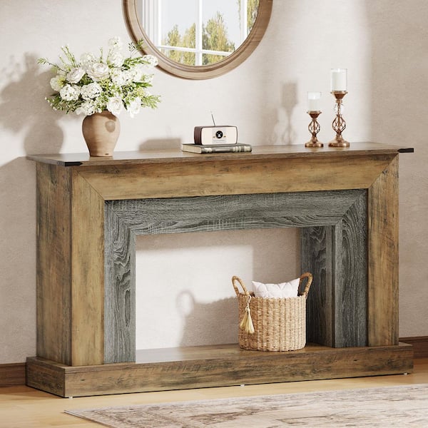 BYBLIGHT Turrella 63 in. Brown and Grey Rectangle Wood Console Table, 2-Tier Sofa Table Behind the Couch, Narrow Entryway Console