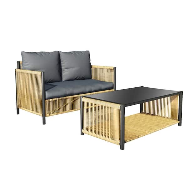 Tenleaf 2-Piece Brown Wicker and Black Steel Patio Conversation Set with Gray Cushions