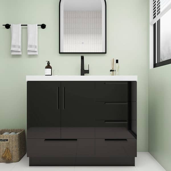 Carla 42 in. W x 20 in. D x 35 in. H Single Sink Freestanding Bath Vanity in Gloss Black with White Acrylic Top