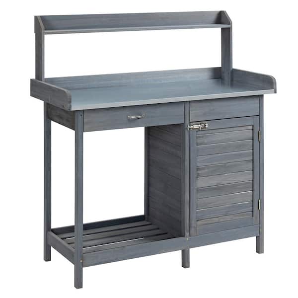 Outsunny 17.75 in. W x 49.25 in. H Grey Potting Bench Table with Storage Cabinet