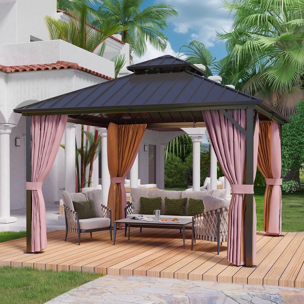 12 ft x 12 ft Brown Metal Patio Gazebo with Curtains