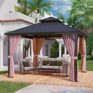 12 ft. x 12 ft. Brown Extra-Large Hardtop Patio Gazebo with Double Roof, with Breathable Netting and Privacy Sidewalls