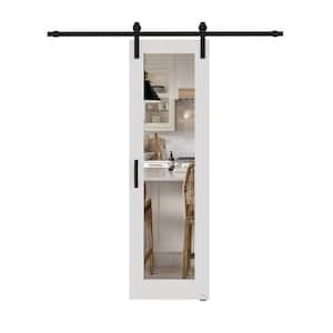 24 in. x 80 in. 1-Lite Mirrored Glass White Primed MDF Wood Sliding Barn Door with Hardware Kit