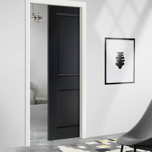 30 in. x 80 in. Black Painted Composite MDF 2PANEL Interior Sliding Door with Pocket Door Frame and Hardware Kit