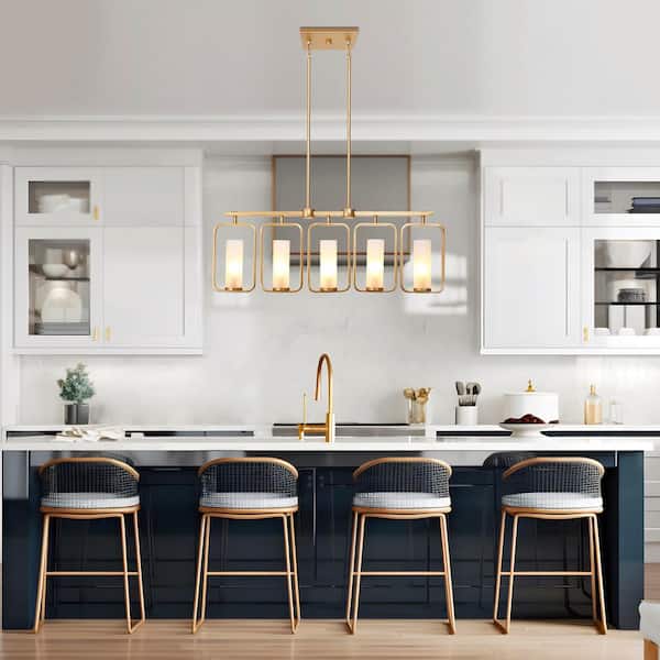 White and Gold Hanging Kitchen Shelves - Transitional - Kitchen
