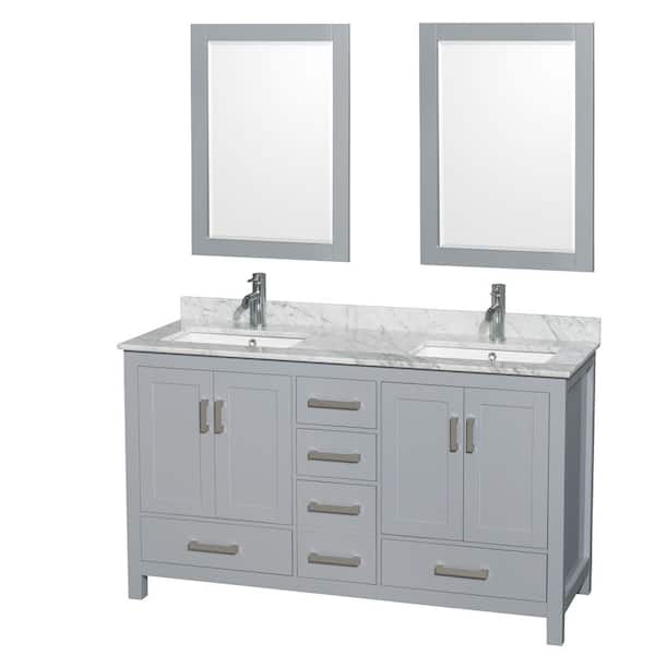 Wyndham Collection Sheffield 60 in. W x 22 in. D x 35 in. H Double Bath Vanity in Gray with White Carrara Marble Top and 24" Mirrors
