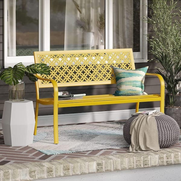 49.5 in. Outdoor Bench with Back & Armrest, All Weather Metal Park Bench for Patio Garden, Yellow