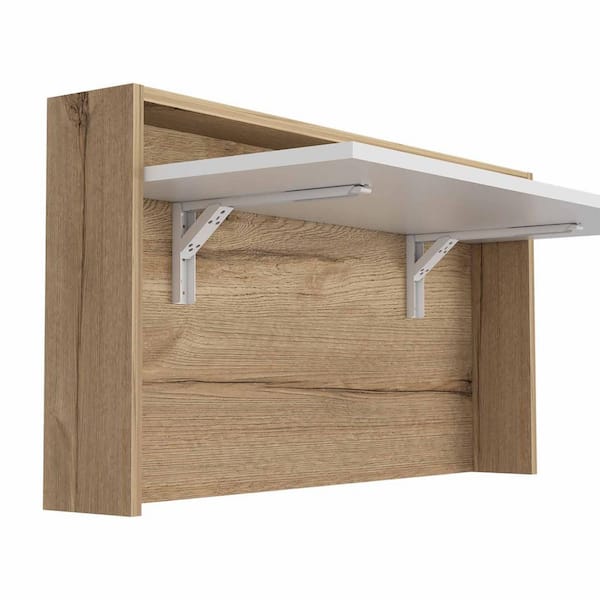 HomeRoots Amelia 39.37 in. Rectangular Light Oak -White Particle Board Desk with Foldable, Wall Mounted