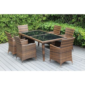 Mixed Brown 7-Piece Wicker Patio Dining Set with Supercrylic Gray Cushions