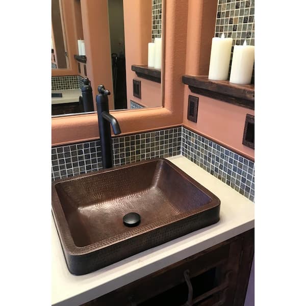 Premier Copper Products All-in-One Rectangle Skirted Vessel Hammered Copper Bathroom Sink in Oil Rubbed Bronze