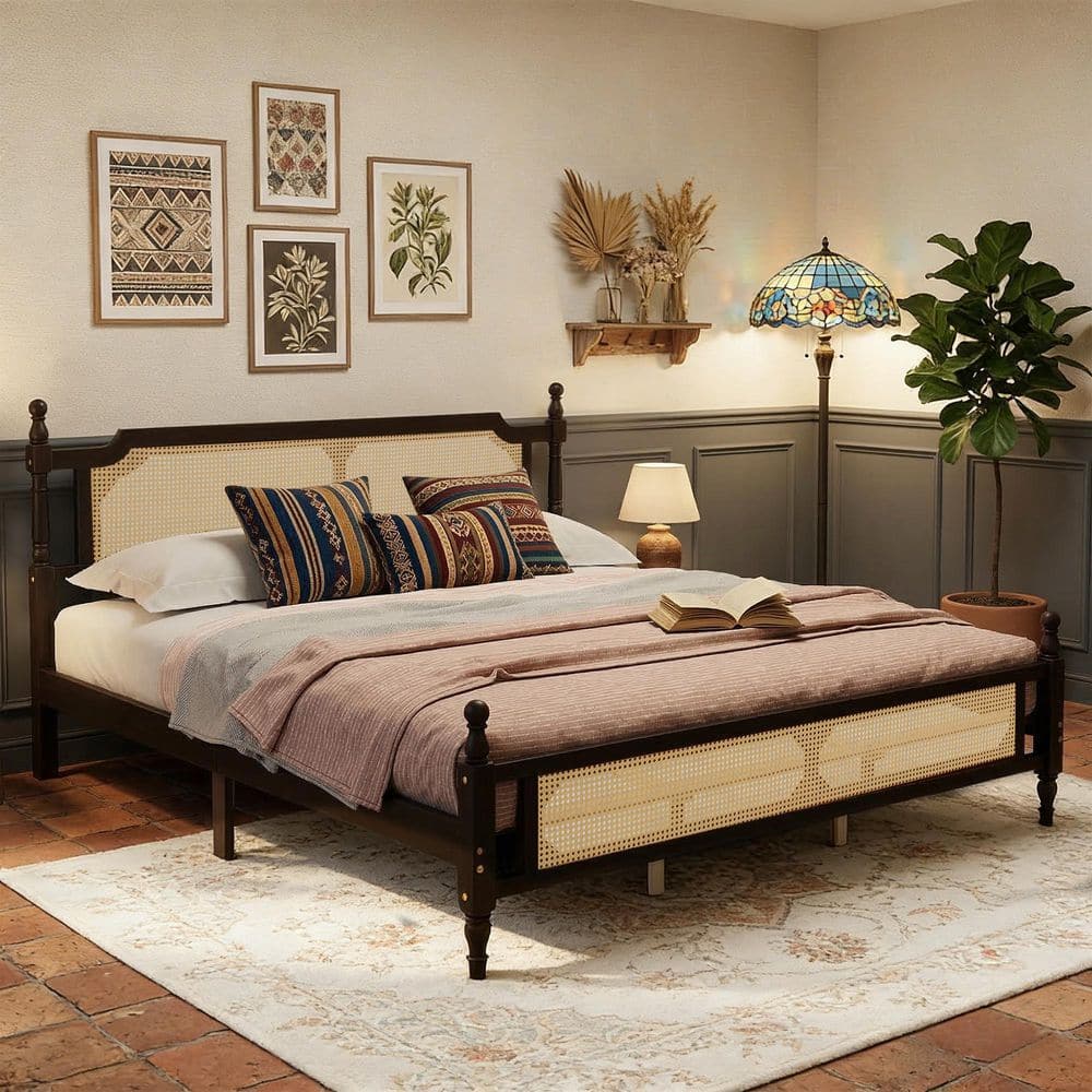 Bed Frame Solid Wood Brown Wood Frame King Platform Bed with Rattan Headboard, Turned Posts, No Box Spring Needed