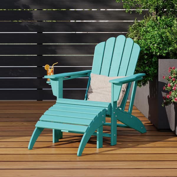 Aderson 2-Piece All Weather Outdoor Patio HDPE Adirondack Chair with Cup Holder and Matching Ottoman in Turquoise
