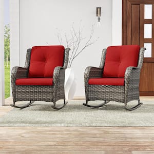 Wicker Outdoor Rocking Chair Patio with Red Cushion (2-Pack)